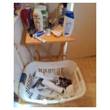 Laundry basket, wood fold up table and contents