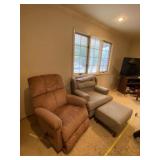 LazyBoy recliner and blue chair with ottoman.