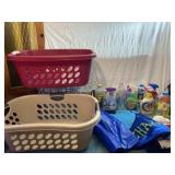 Laundry basket, iron, beach towels and cleaners.