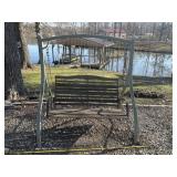 Wooden seated swing with metal frame