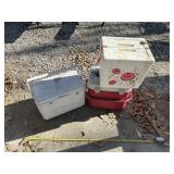 2 coleman coolers with styrofoam cooler