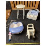 Shower stool, Homedics foot spa and bed rail