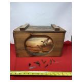 Wood Mallard Duke ammo box with miscellaneous