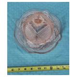 pink depression glass covered butter dish in the