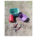 Tool shop saw, punching bag and plastic totes