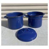 blue speckled enamel stock pot with a strainer