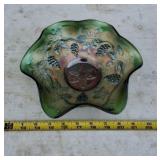 Fenton emerald green carnival glass ruffled bowl