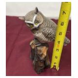 Wooden carved hand painted owl on stump