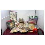 Unused gift bags, Christmas stockings happy