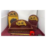 Sunflower, storage wooden wall, hanging baskets,