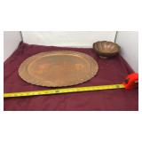 Copper, Hammered serving tray with copper bowl