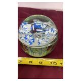 Blue Pin stripped Flowers Art Glass Paperweight