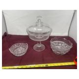 Compote dish w lid, with clear, cut side dishes