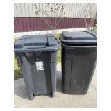 Roughneck tall trash cans on wheels with lids.