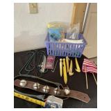 Tent stakes, mini flag, bungee cord and basket