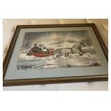 24 x 32 framed horse and sleigh print.