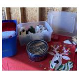 Totes with lids and Christmas decor.