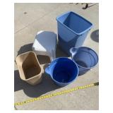 plastic buckets, stepstool and trash cans.