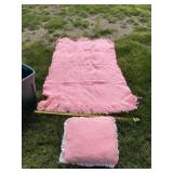 Pink quilt 45 x 65 and pillow with tote and lid.
