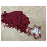 Crochet shaw and doiley with tote and lid.