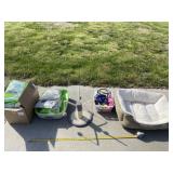 Cat scratcher, dog bed, leashes, cat pads and