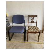 Blue chair and wooden chair with cloth seat