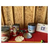 Christmas tins, nativity set and ornaments.