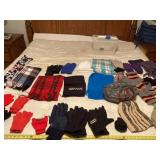 Hats, gloves, scarves and plastic tote with lid.