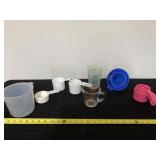 Pyrex glass measuring cup, funnels and plastic