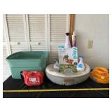 Tote without lid , cat bed, toys and pet first