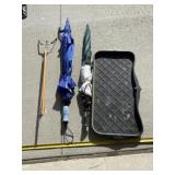 Umbrellas, grabber and boot and shoe mud tray.
