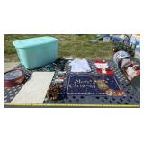 Christmas tins, rug with tote and lid and