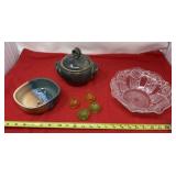 pressed glass bowl and a small lidded pottery