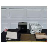 Paper Shredder, pens, pencils , crate and binder.