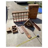 Wood dresser with contents, hanging shelf, clock