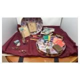 Vintage whet stone, hat box pill bottle brass