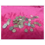 Pennies, including wheat pennies, mostly