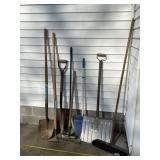 Sears hoe and shovel, spade, broom and dustpan.