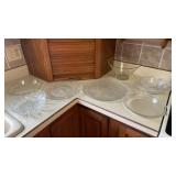 Cut glass serving bowls, punch bowl, pie dishes