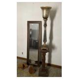 Hanging mirror, tall lamp, two wood shelves and