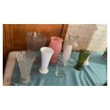 Vases, including pink, green milk, glass, and