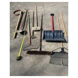 Rakes, shovels, broom and hoe