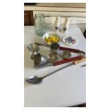 Metal measuring cups farm, fresh salt and pepper