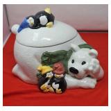 Ceramic Polar Bear with Penguins House Cookie Jar.