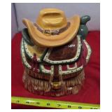 Hay Bale & Saddle Cookie Jar. Has Chip on Lid