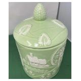 Green Ceramic Cookie Jar with House and Trees