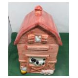 Barn Yard Ceramic Cookie Jar. Featuring a red barn