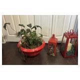 Plant In Plastic Red Pot and Decorative Candle