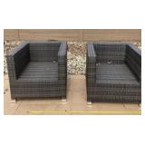 Two Plastic Wicker Patio Chairs with Cushions