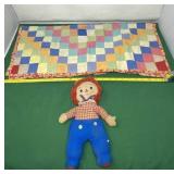 Quilt 26 x 24 inch  and Raggedy Andy Doll